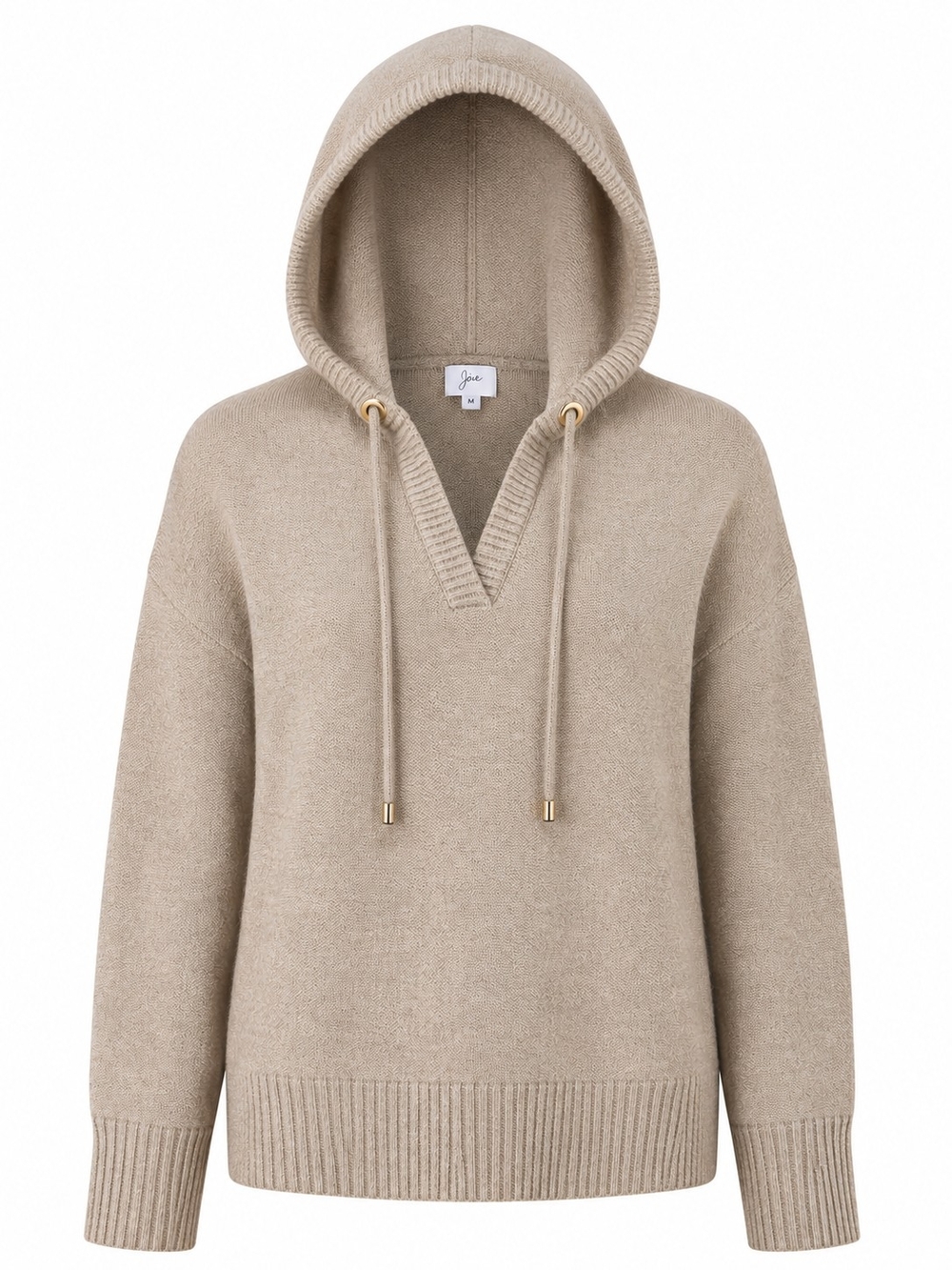 JOIE | Tan Knit Boxy Pullover Hoodie V-Neck Drawstring Relaxed Sweater | M